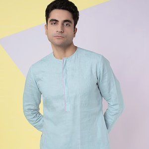 Wendell Rodricks Men Pale Blue Linen Kurta